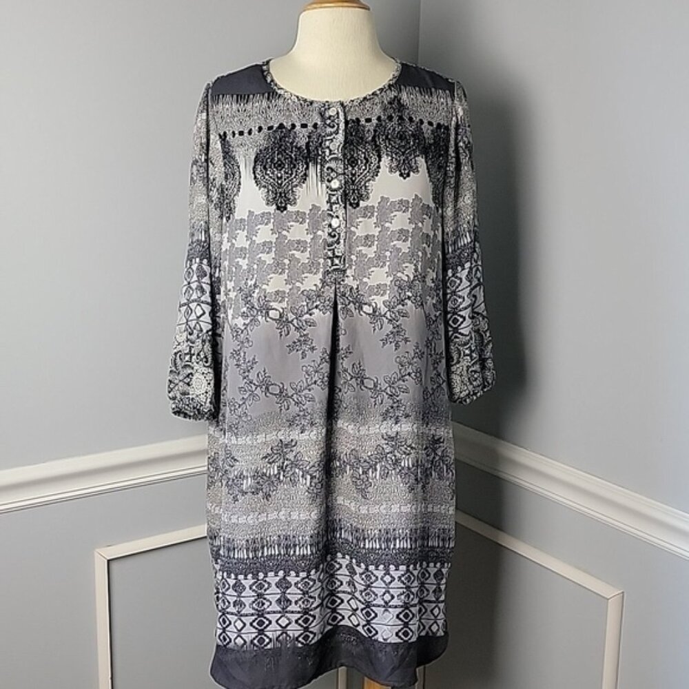 FIG & FLOWER | ANTHRO Gray Floral Button Sheer Long Sleeve Boho Tunic‎ Dress L